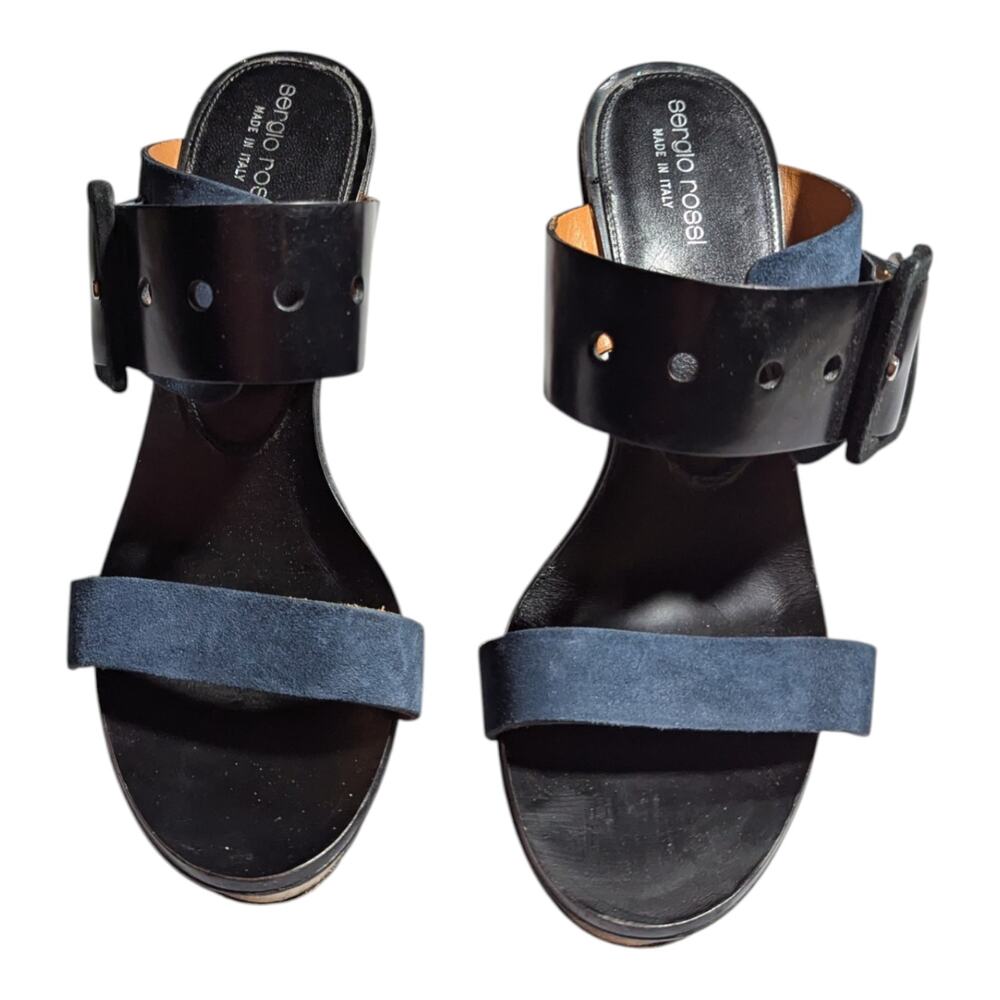 Sergio Rossi Navy Blue Suede Black Leather Wooden Heel Slide Sandals 40 9.5 - Picture 2 of 6